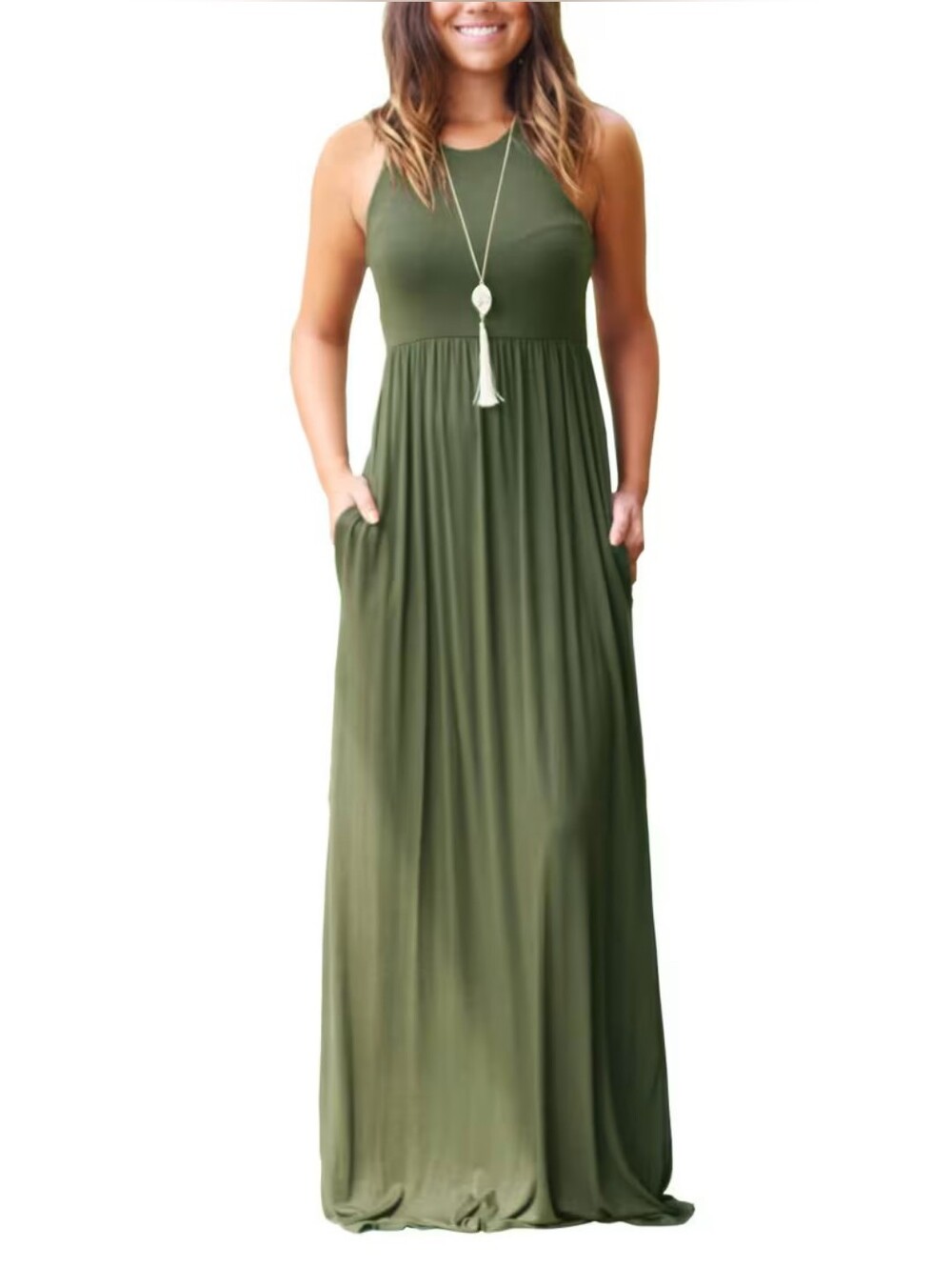 Grecerelle Sleeveless Soft Jersey Racerback Long Maxi Tank Dress - Olive Green L